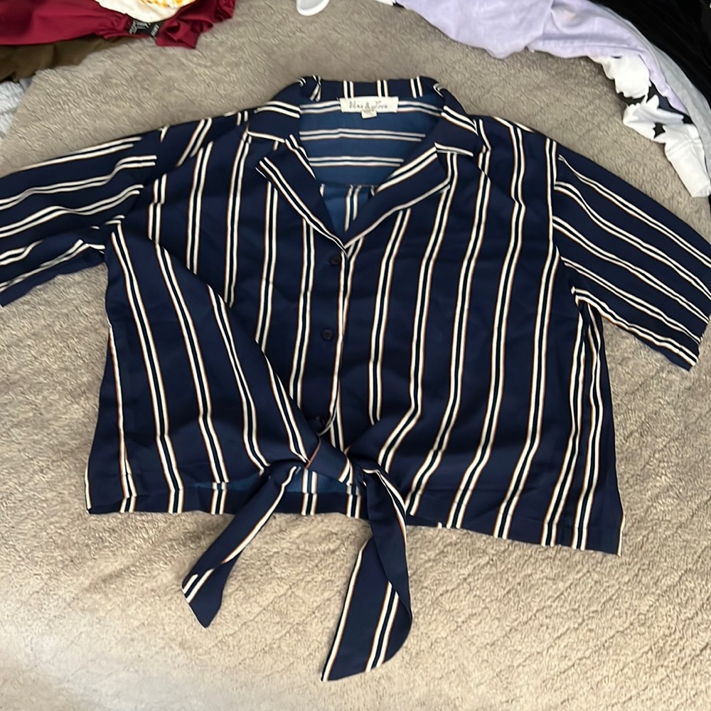 Striped  button down knot blouse